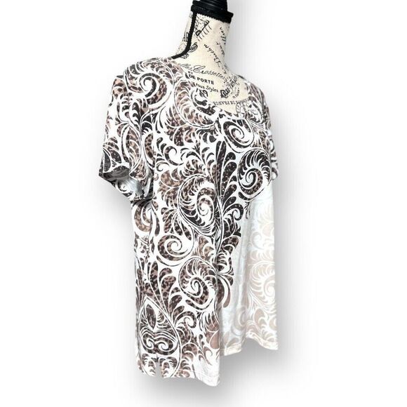 Chico's Zenergy 3 XL Brown White Scroll Top Beaded Stretch Knit Boho Blouse NWT - Picture 3 of 10